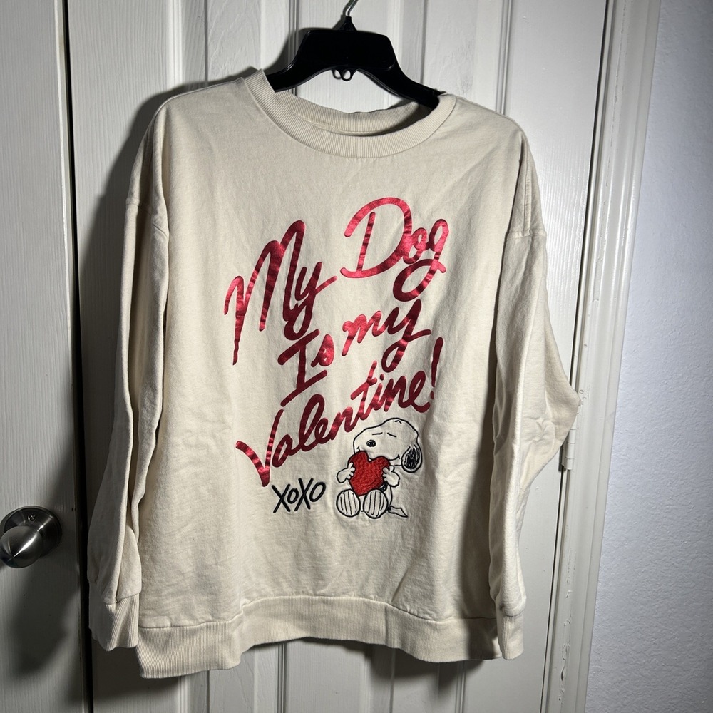 Peanuts Snoopy Sweatshirt Womens XL Cream My Dog Is My Valentine Crew Neck